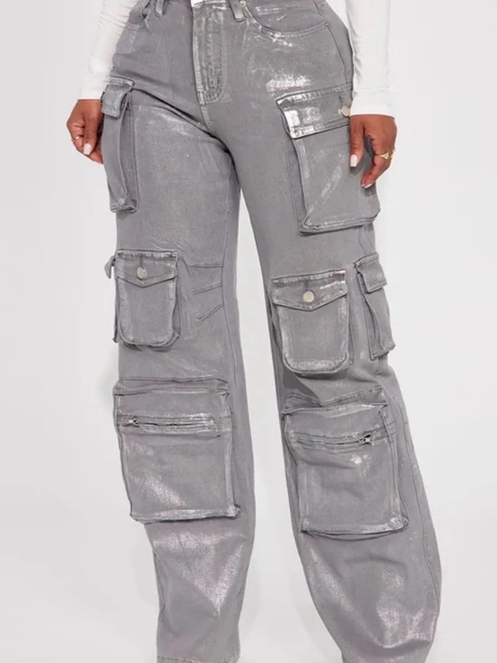 Fashion Nova Time To Shine Foil Baggy Cargo Jeans - Silver - Picture 1 of 2